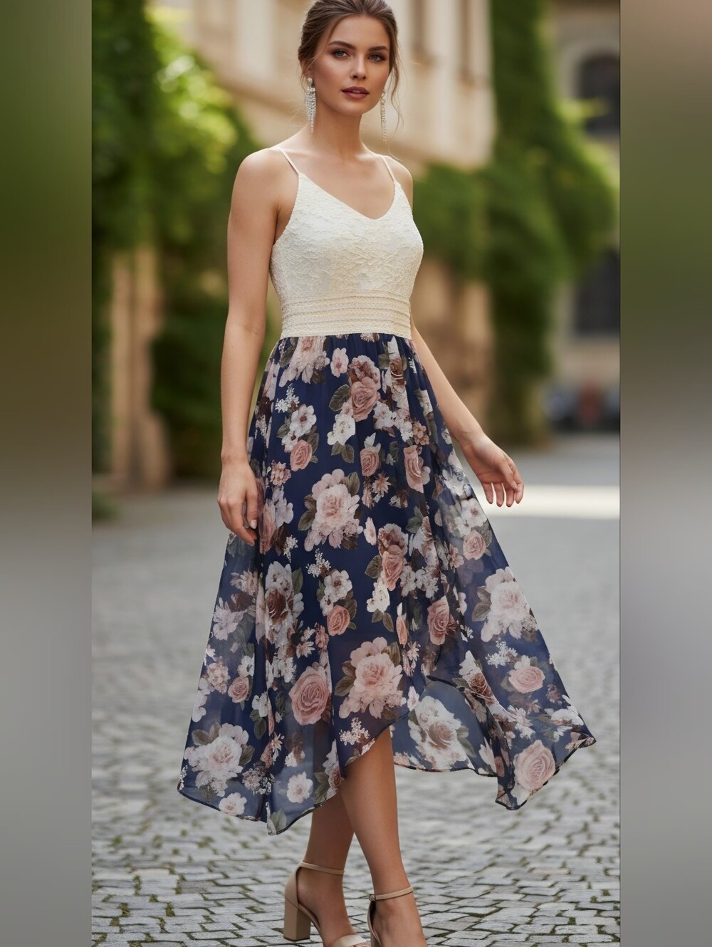 J for Justify Cream Lace Top Navy Floral High-Low Dress